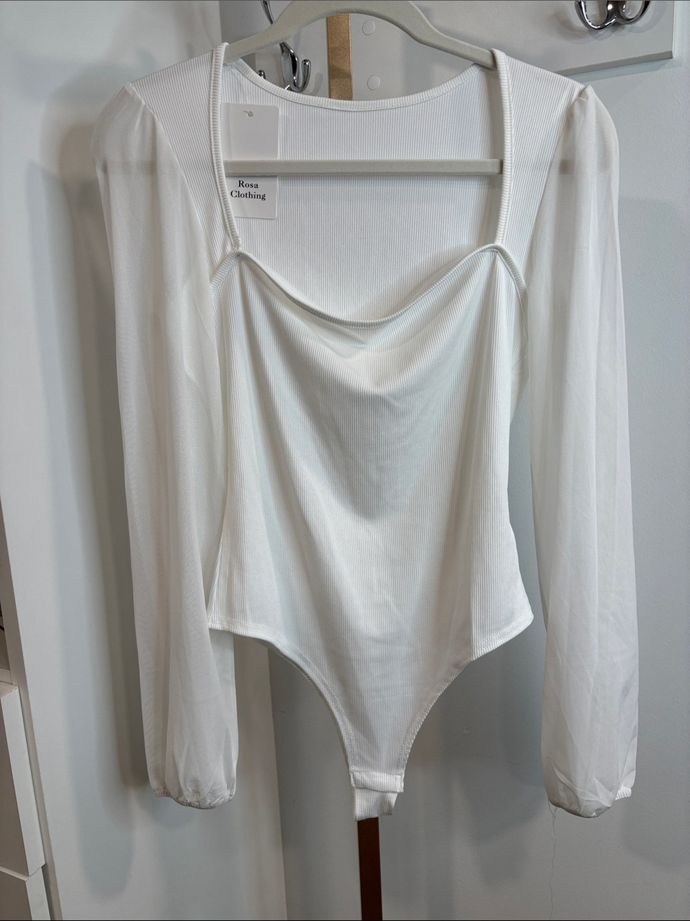 Rosa Clothing White Long-Sleeve Draped Neck Bodysuit